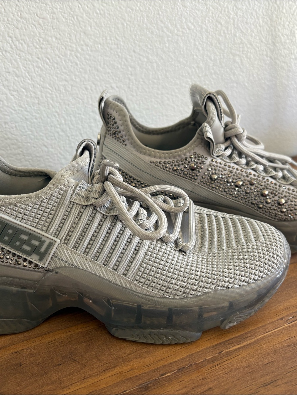 Steve Madden Women's Grey Athletic Knit Sneakers with Rhinestone Detail